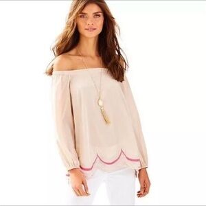 Lilly Pulitzer Silk Top Womens XS Oyster Shell Adira Off The Shoulder Blouse